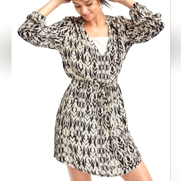 Gap Black Off White Patterned Cinched Waist Long Sleeve Dress Size Medium - Picture 1 of 11
